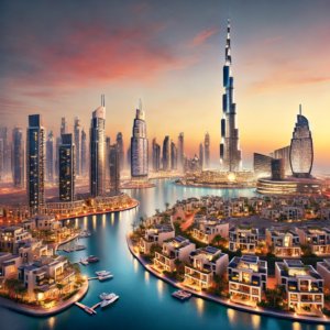 Luxury real estate in Dubai featuring high-rise skyscrapers, waterfront villas, and Burj Khalifa under a vibrant sunset skyline.
