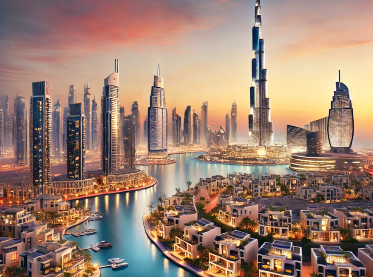 Luxury real estate in Dubai featuring high-rise skyscrapers, waterfront villas, and Burj Khalifa under a vibrant sunset skyline.