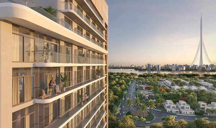 Azizi David apartments overlooking landscaped surroundings and Dubai Creek Tower.