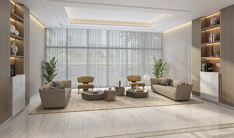 Elegant residents’ lounge with modern furnishings at Azizi David in Dubai.