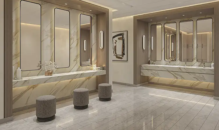 Luxury marble washroom and vanity area at Azizi David residential development.