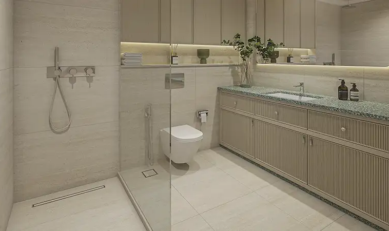 Modern apartment bathroom with walk-in shower and spacious vanity at Azizi David.