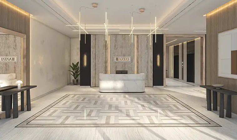 Premium reception lobby and lift area at Azizi David residential tower in Dubai.