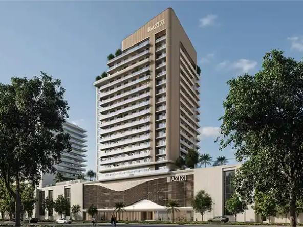 Exterior view of the Azizi David residential tower surrounded by greenery in Dubai.