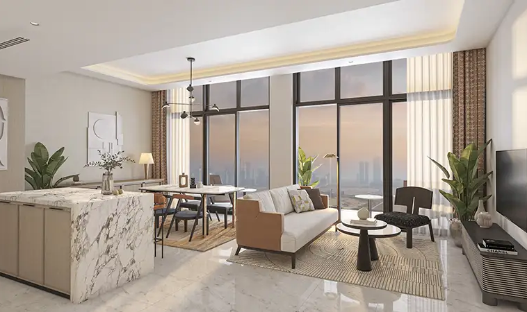 Bright open-plan apartment with modern living, dining and kitchen areas at Azizi David.