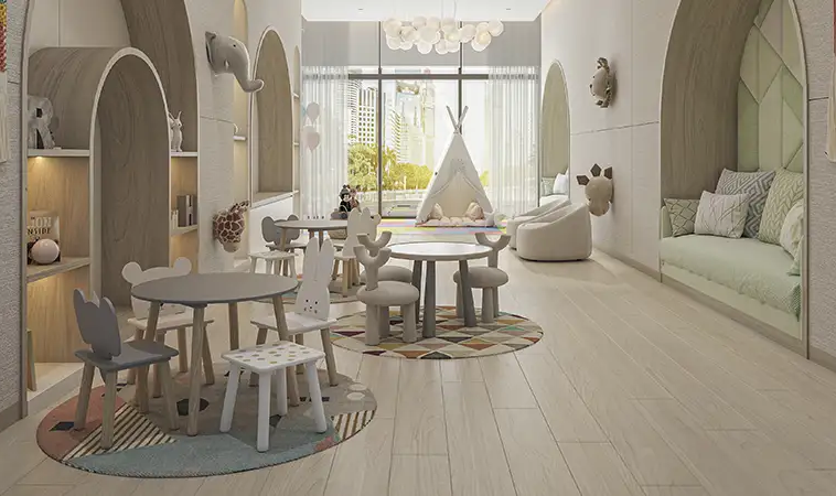 Children’s indoor playroom at the family-friendly Azizi David development in Dubai.