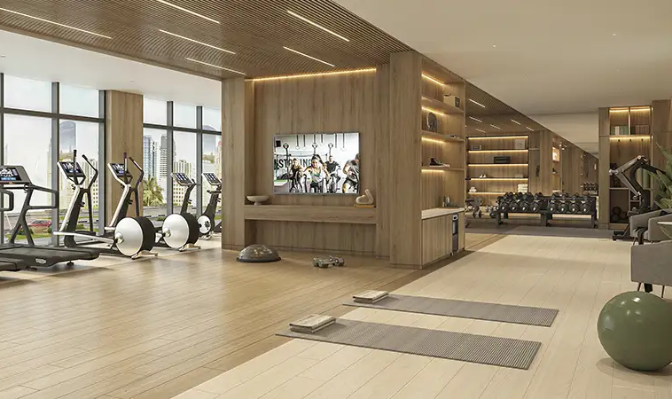 Fully equipped residents’ gym with cardio, weights and fitness areas at Azizi David.