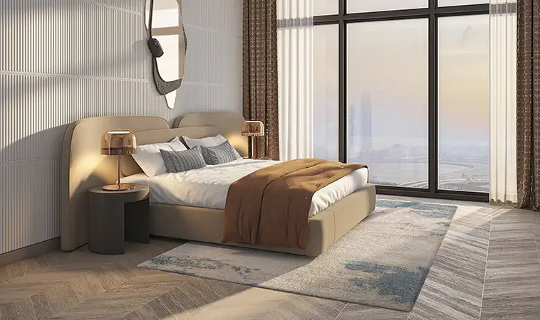 Modern bedroom with floor-to-ceiling windows and Dubai views at Azizi David.