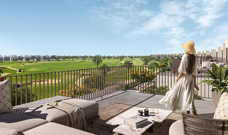 Private villa terrace with panoramic golf course views at Fairway Villas 3 in Emaar South, Dubai.