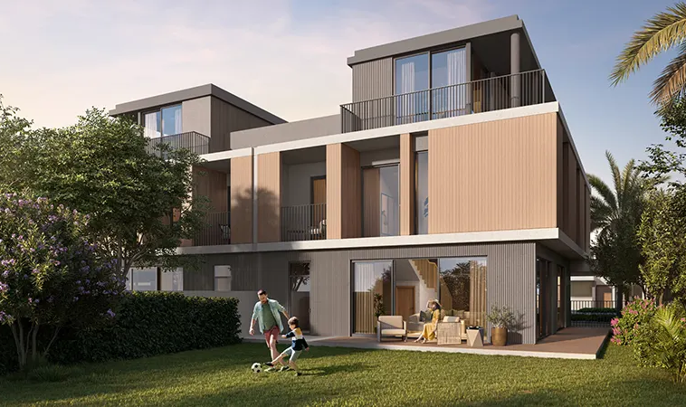 Modern family villa with a private garden at Fairway Villas 3 in Emaar South, Dubai.