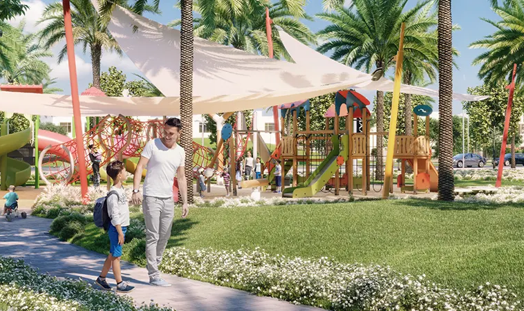 Family-friendly children’s playground surrounded by palm trees at Fairway Villas 3 in Emaar South.