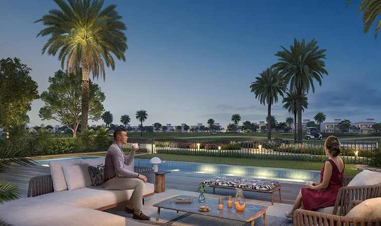 Luxury villa poolside terrace overlooking the golf course at Fairway Villas 3 in Emaar South, Dubai.