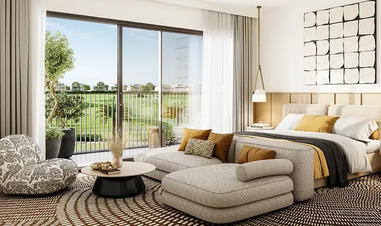Spacious contemporary bedroom overlooking the golf course at Fairway Villas 3 in Emaar South, Dubai.